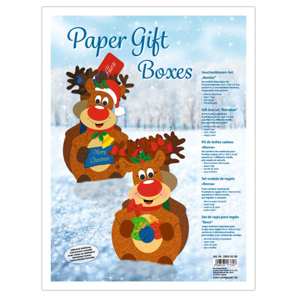 Geschenkboxen Set Rentier aus Papier, Bastelset für acht Boxen mit zwei verschiedenen Motiven.