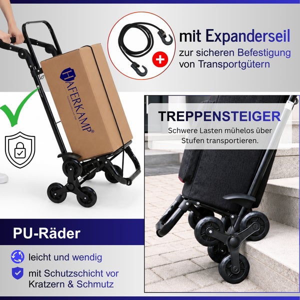 Treppensteiger Sackkarre mit Expanderseil und PU Rädern für den sicheren Transport schwerer Lasten über Stufen.