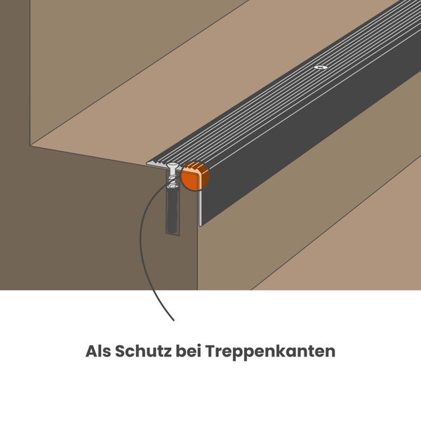 Treppenkantenprofil als Schutz an einer Stufenkante mit Befestigung durch Schraube und Dübel.
