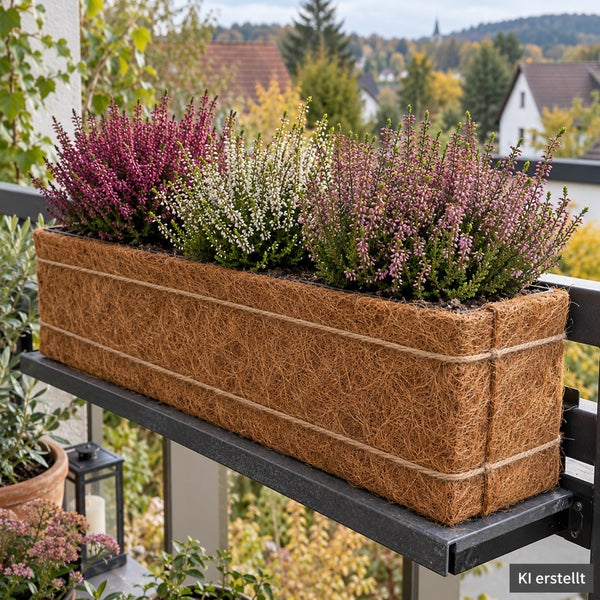Balkonkasten mit Kokosfaser-Verkleidung bepflanzt mit rosa und weißer Besenheide auf einem Balkongeländer vor einer Herbstlandschaft.