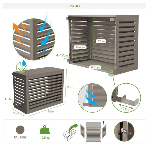 Aneto S Klimaanlagenverkleidung mit Abmessungen und Detailansichten