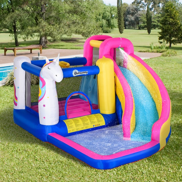 Outsunny Hüpfburg mit Gebläse Rutsche Pool für 4 Kinder aufblasbare Springburg für 3-8 Jahre Outdoor Wasserpark für Kinder Oxford-, Polyester-Gewebe mehrfarbig 360 x 305 x 210 cm
