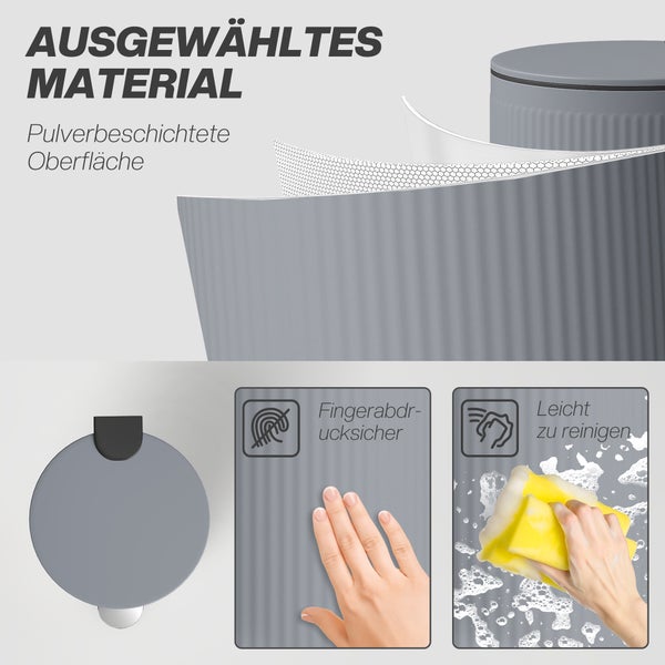 Detailansicht eines Mülleimers mit pulverbeschichteter Oberfläche, fingerabdrucksicher und leicht zu reinigen.