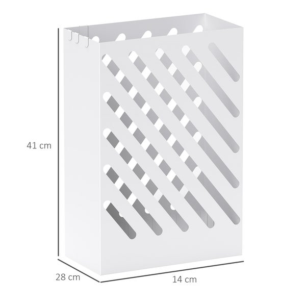 Weißer Zeitschriftenhalter mit diagonalen Schlitzen, Maße 41 mal 28 mal 14 Zentimeter.