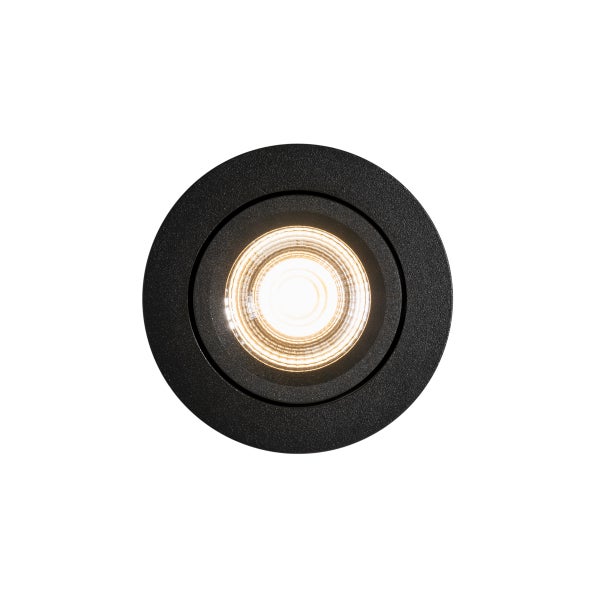 Runder Einbaustrahler in Schwarz mit eingeschaltetem Leuchtmittel.