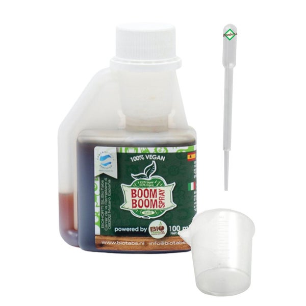 BioTabs Boom Boom Spray 100 Milliliter Flasche mit Pipette und Messbecher zur Pflanzenpflege, 100 Prozent vegan und organisch.