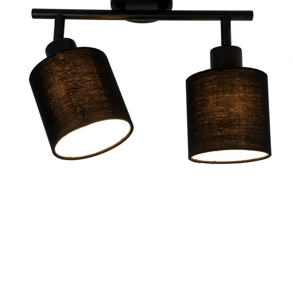 Deckenstrahler zweiflammig mit verstellbaren Textilschirmen in Schwarz.