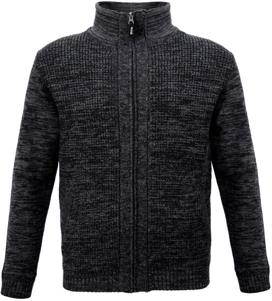 Dunkelgrau melierte Strickjacke für Herren mit Stehkragen und durchgehendem Reißverschluss.