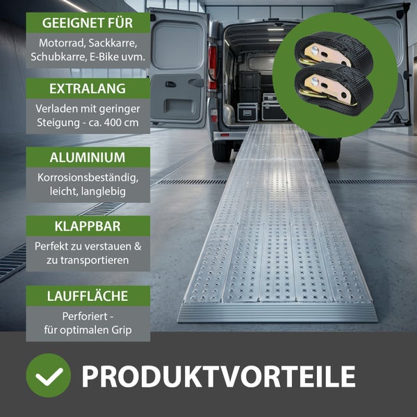 Klappbare Aluminium Verladerampe mit einer Länge von circa 400 Zentimetern für Motorräder und E-Bikes inklusive zwei Zurrgurten für den Transport.