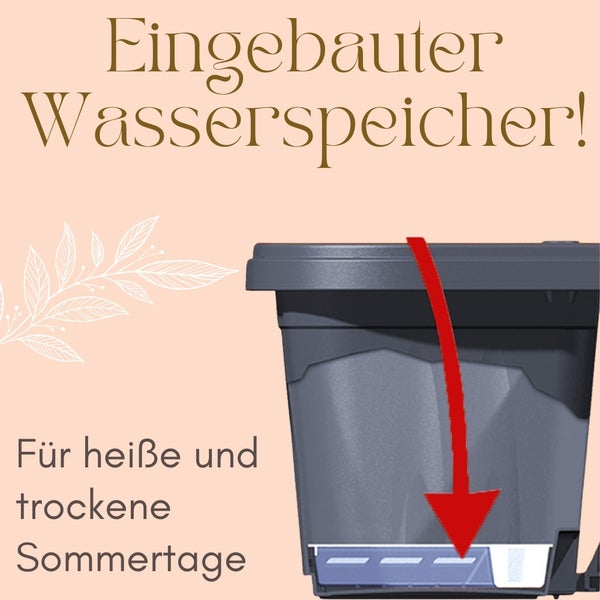 Pflanzkübel mit integriertem Wasserspeicher und rotem Pfeil