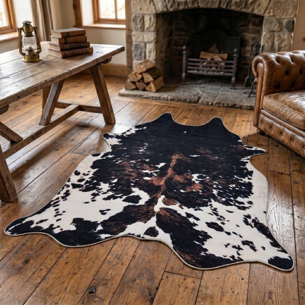 Rustikales Wohnzimmer mit einem Teppich in Kuhfell-Optik auf Holzdielen, Holztisch, ledernem Sessel und einem Steinkamin.