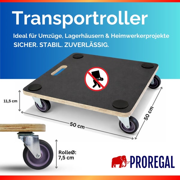 Proregal Holz-Transportroller mit 4 Rollen, Griff, Antirutsch-Pads. 50 mal 50 Zentimeter, Höhe 11,5 Zentimeter. Rollen 7,5 Zentimeter. Proregal Logo.