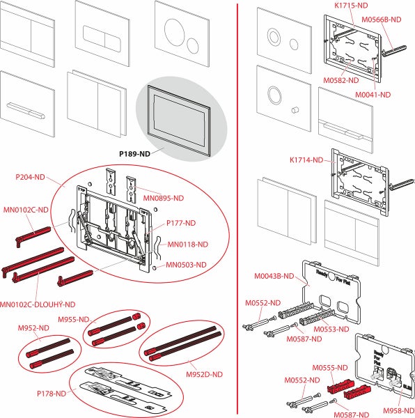 Explosionszeichnung von Ersatzteilen für Toiletten-Betätigungsplatten mit Rahmen, Montageplatten und Bolzen.