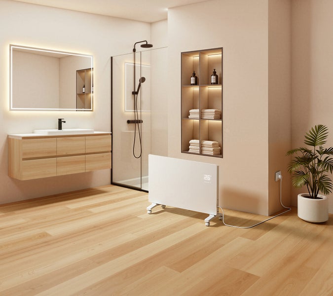 Modernes Badezimmer mit Waschbeckenunterschrank, Dusche und Heizkörper