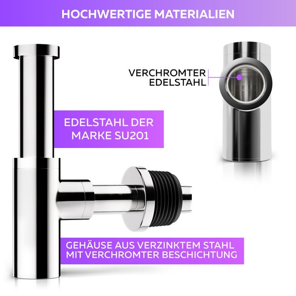 Ablaufgarnitur aus verchromtem Edelstahl mit Gehäuse aus verzinktem Stahl