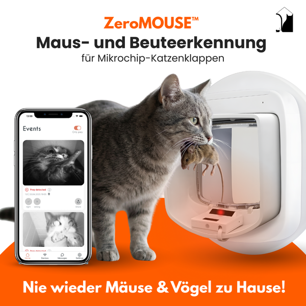 Katze mit Maus vor einer Mikrochip Katzenklappe mit Maus- und Beuteerkennung, dargestellt auf einem Smartphone.