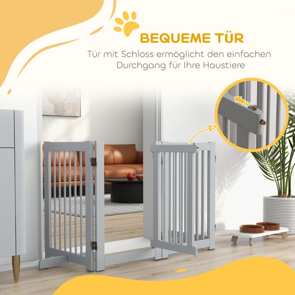 PawHut Absperrgitter Hund 4-teilig, 204 x 75 cm Faltbar Türschutzgitter mit Tür, Freistehend Hundegitter mit 2 Stützfüßen, Treppengitter aus Holz für Flur, Küche, Treppe, Hellgrau