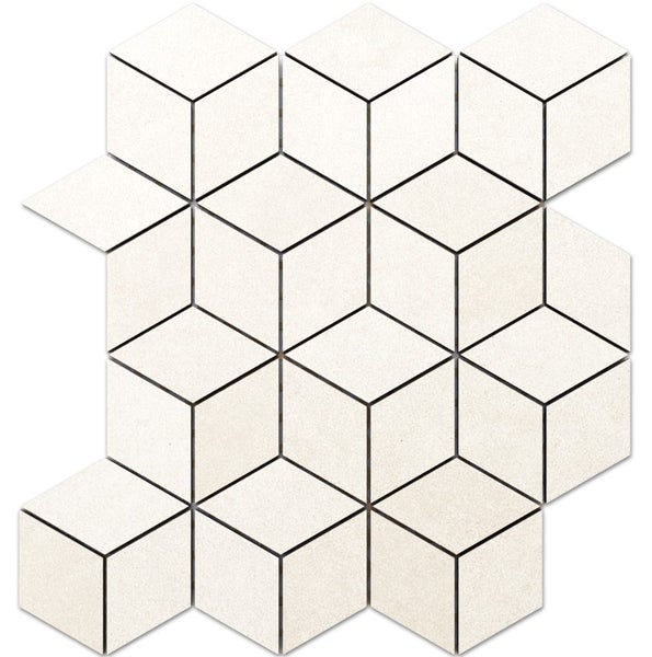 Mosaikfliese aus Feinsteinzeug mit dreidimensionalem Würfelmuster in Beige.