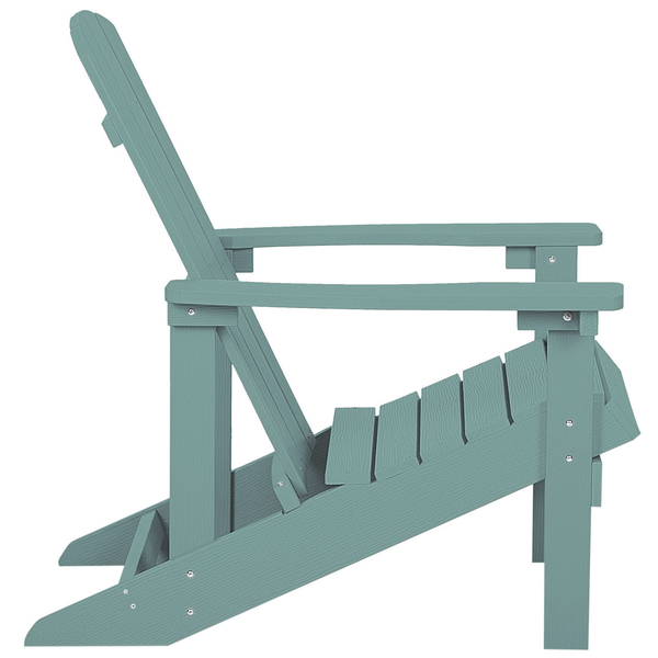 Adirondack-Gartenstuhl in der Seitenansicht mit geneigter Sitzfläche und breiten Armlehnen.
