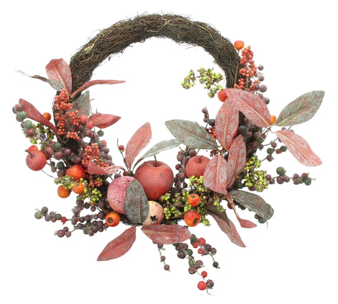 Dekorativer Herbstkranz mit künstlichen Äpfeln Beeren und Blättern auf einem Rebenkranz gebunden