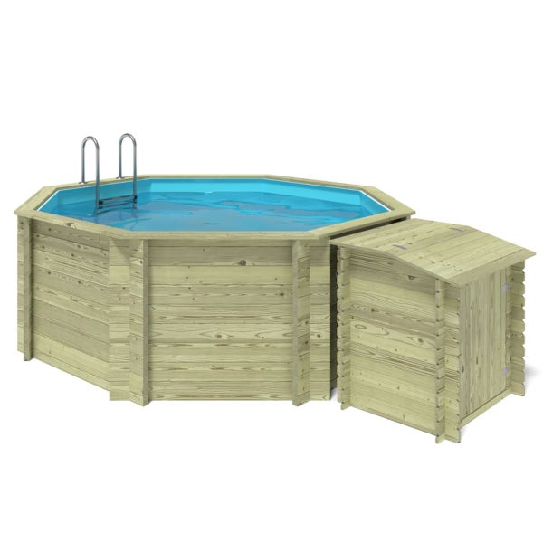 Holzpool mit Leiter und Geräteschuppen