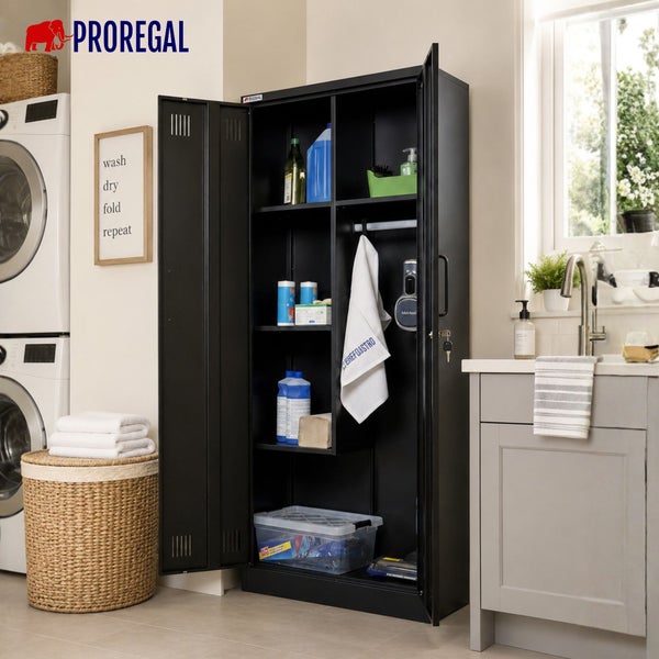 Proregal Haushaltschrank aus Metall in Schwarz, zweitürig, mit Fächern und Kleiderstange, in einer hellen Waschküche. Proregal Logo.