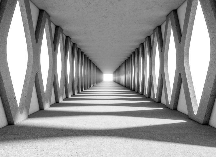 Fototapete mit dreidimensionalem Effekt eines langen Betontunnels mit rautenförmigen Wandöffnungen und perspektivischer Tiefenwirkung.