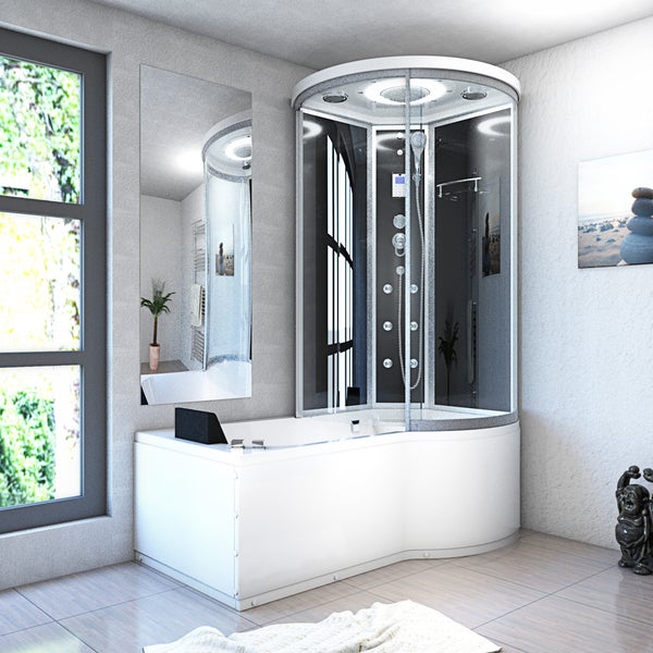 Dampfduschkabine mit integrierter Badewanne, Massagedüsen, Kopf- und Handbrause in einem modernen, hellen Badezimmer.