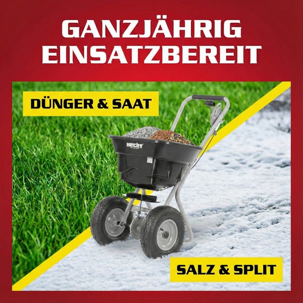 Streuwagen gefüllt mit Dünger, Saatgut, Salz und Splitt für den ganzjährigen Einsatz