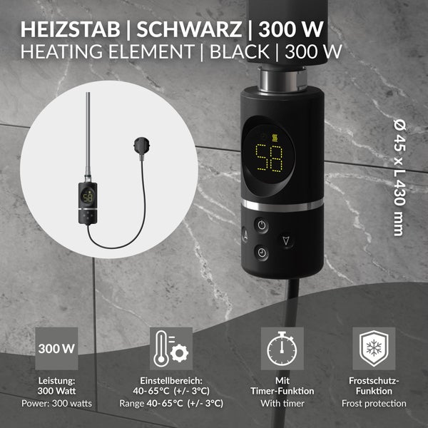 LuxeBath Heizstab 300W Schwarz mit Thermostat und Digitalanzeige, Elektronischer Temperaturregler und Timer-Funktion, Heizpatrone Heizelemente für Badheizkörper Heizungen, Elektroheizstab mit Stecker