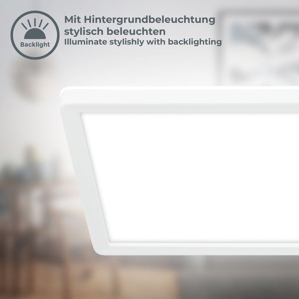 Flaches, weißes LED-Panel mit integrierter Hintergrundbeleuchtung für stilvolle Lichteffekte an Decke oder Wand.