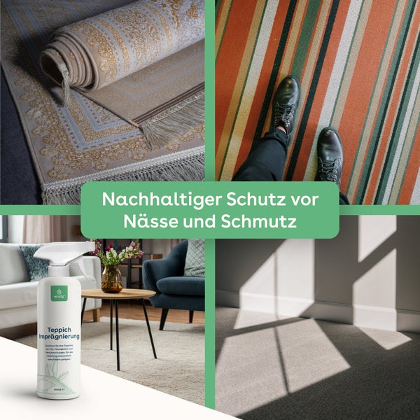 eco:fy Teppich Imprägnierungsspray für nachhaltigen Schutz vor Nässe und Schmutz auf verschiedenen Teppichen und Bodenbelägen.
