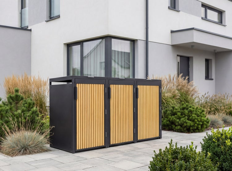 Moderne Mülltonnenbox für 3 Tonnen mit Holzlatten und Metallrahmen in einer gepflegten Gartenanlage vor einem Wohnhaus.