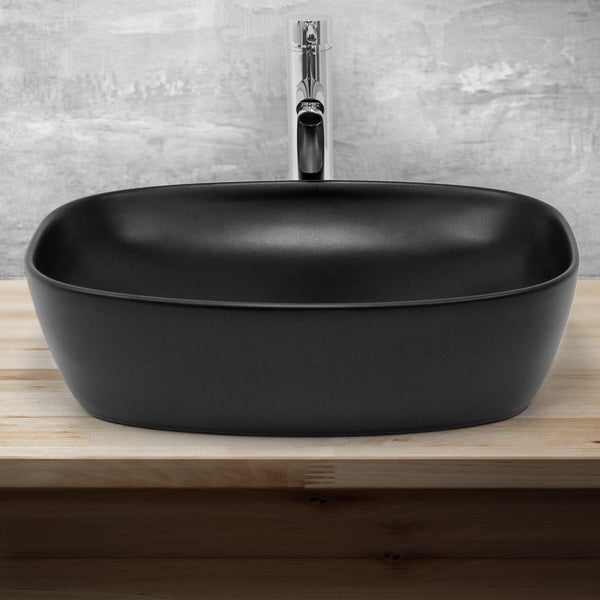 ML-Design Waschbecken aus Keramik Schwarz 505x385x140 mm mit Ablaufgarnitur, Abgerundeten Ecken, Aufsatzwaschbecken, Moderne Waschtisch Waschschale Waschplatz Handwaschbecken, für Badezimmer/Gäste-WC
