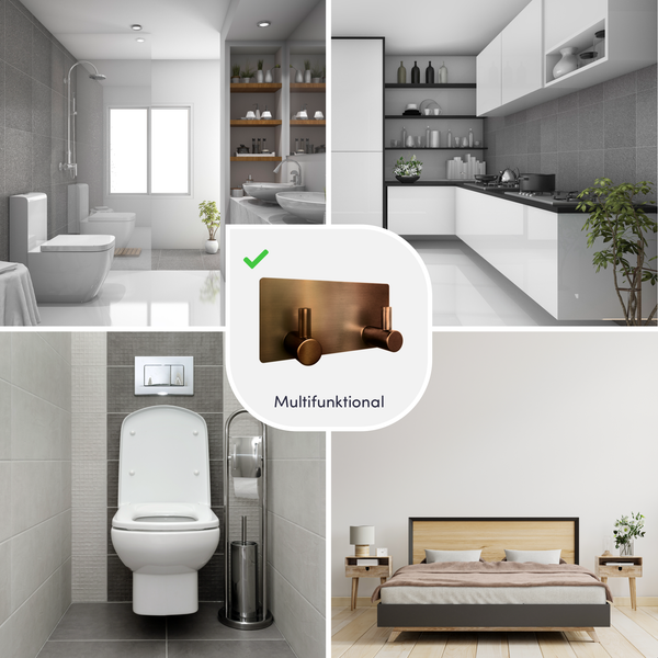 Multifunktionaler Doppelhaken in Kupferoptik für helle, organisierte Räume wie Badezimmer, Küche und Schlafzimmer.