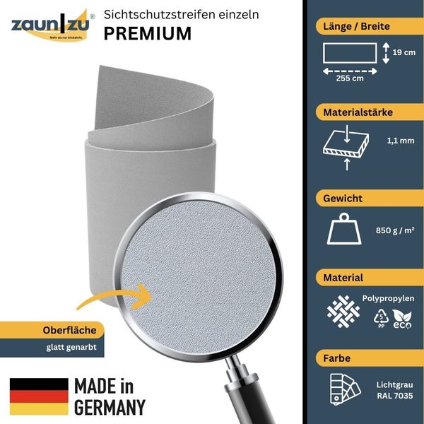 Zaun|Zu Premium Sichtschutzstreifen mit den Maßen 255 cm x 19 cm, Materialstärke 1,1 mm, Gewicht 850 g/m², Material Polypropylen, Farbe Lichtgrau RAL 7035, Made in Germany