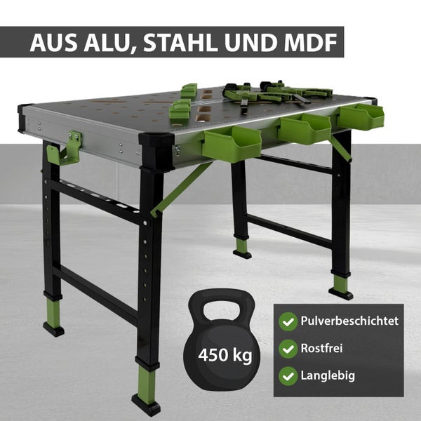 Werkbank aus Aluminium, Stahl und MDF mit einer Belastbarkeit von 450 Kilogramm. Pulverbeschichtet, rostfrei und langlebig.