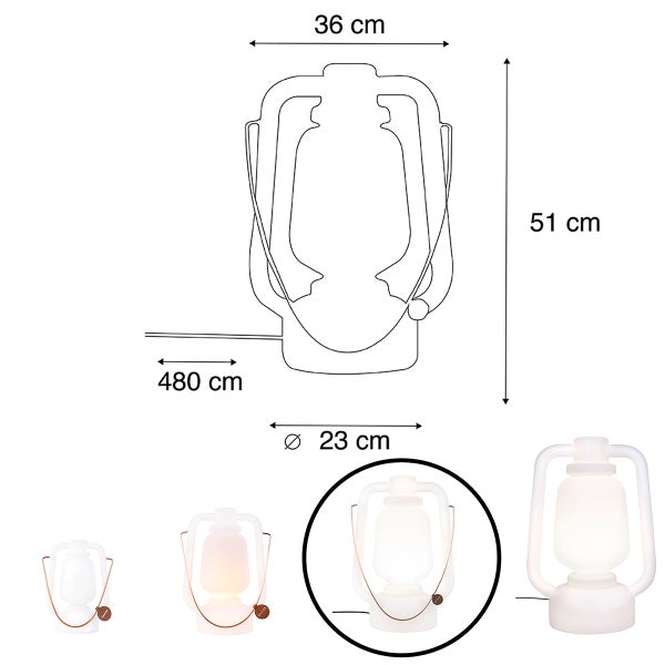 Technische Zeichnung einer Laterne mit Maßen: Höhe 51 Zentimeter, Breite 36 Zentimeter, Durchmesser 23 Zentimeter, Kabellänge 480 Zentimeter.