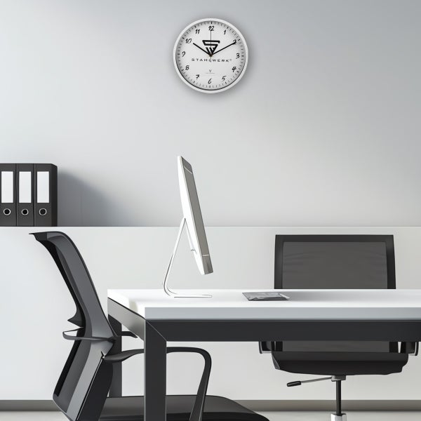 Wanduhr 30 cm weiße Werkstattuhr mit Aluminium-Gehäuse RCC-Uhrwerk