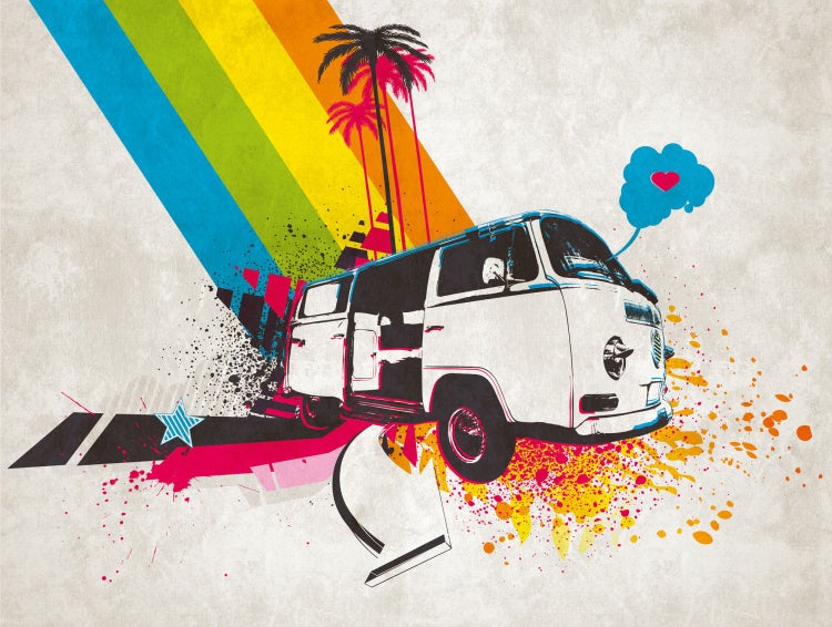 Grafische Darstellung eines Oldtimer-Vans mit Palmen und Farbakzenten