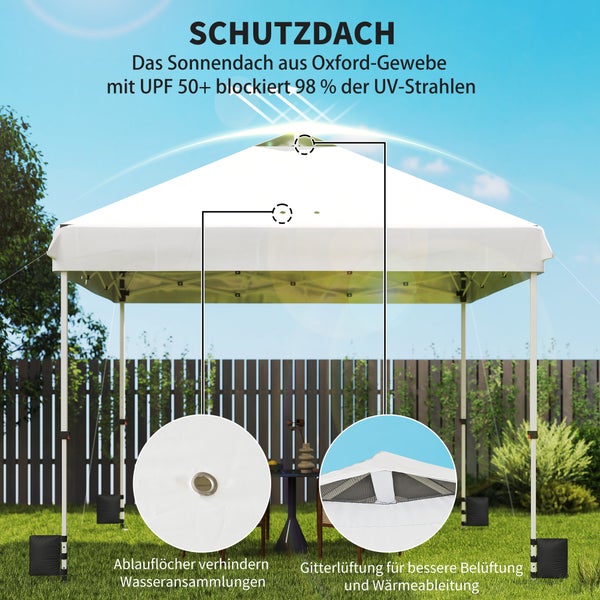 Weißer Gartenpavillon mit UV Schutz 50 plus, Ablauflöchern gegen Wasseransammlungen und Gitterlüftung für bessere Belüftung.