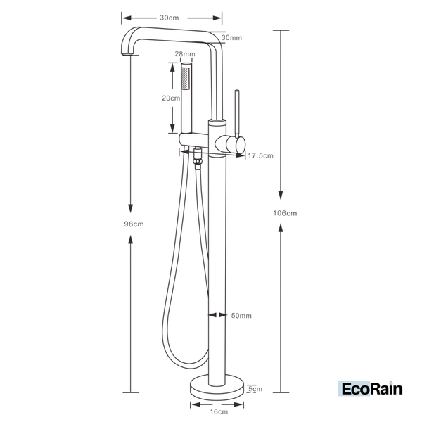 EcoRain Freistehende Wannenarmatur mit Handbrause Charles 110 CM - Messing & Keramikscheiben - 30% Wassersparend - Universeller Anschluss - Korrosionsbeständig - Schwarz