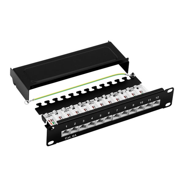 ProfiPatch Cat6a Patchpanel Patchfeld 10 Zoll 12 Port Verteilerfeld geschirmt RJ45 Rackeinbau geschirmt 1HE schwarz