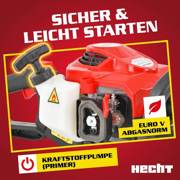 Motor einer Hecht Gartenmaschine mit Seilzugstarter, Kraftstoffpumpe Primer und Kennzeichnung für Euro V Abgasnorm. Hecht Logo.