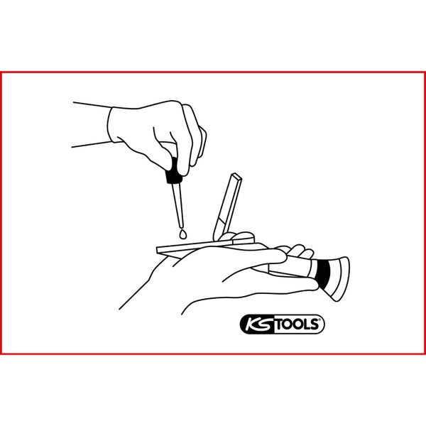 Darstellung einer Hand, die mit einer Pipette eine Flüssigkeit in ein Testgerät von KS Tools träufelt.