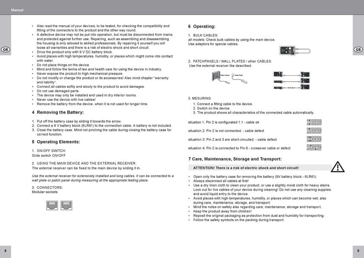 Handbuch für Netzwerkkabelprüfgerät mit Hinweisen zu Betrieb, Wartung und Sicherheit sowie grafischen Darstellungen der Anschlüsse.