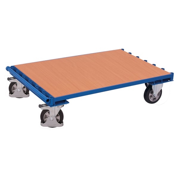 Plattformwagen mit Holzwerkstoffplatte, Stahlrahmen und vier Lenkrollen.