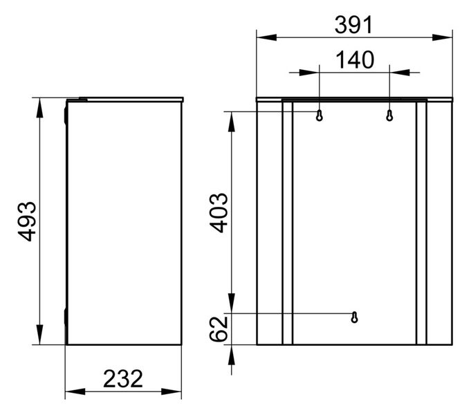 Technische Zeichnung eines Produkts mit Maßangaben für Höhe 493, Breite 391 und Tiefe 232 sowie Abstände für die Wandmontage.