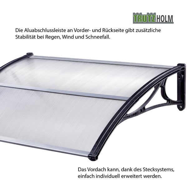 Vordach von Trutzholm mit Polycarbonat Platte und Aluminiumabschlussleisten für Stabilität und einfache Montage durch Stecksystem.