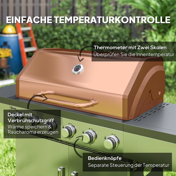 Szene mit einem Gasgrill und Personen im Garten beim Grillen von Speisen.